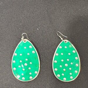 Green Teardrop Earrings with Silver Accents